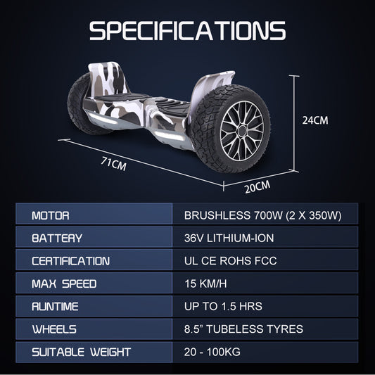 BULLET SX-4000 Hoverboard Scooter, 8.5" Wheels, 700W Brushless, Superior Self Balancing System, UL Certified, LED Lights, Carry Bag, Camo