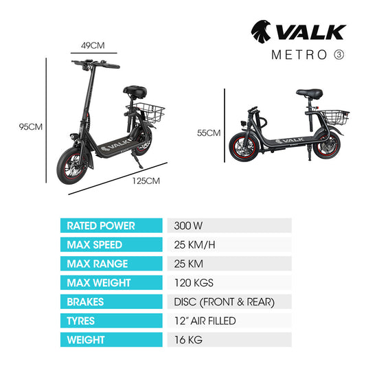 VALK Electric Scooter with Seat, Disc brakes, 12" Tyres, Motorised eScooter for Adults Teens Commuter