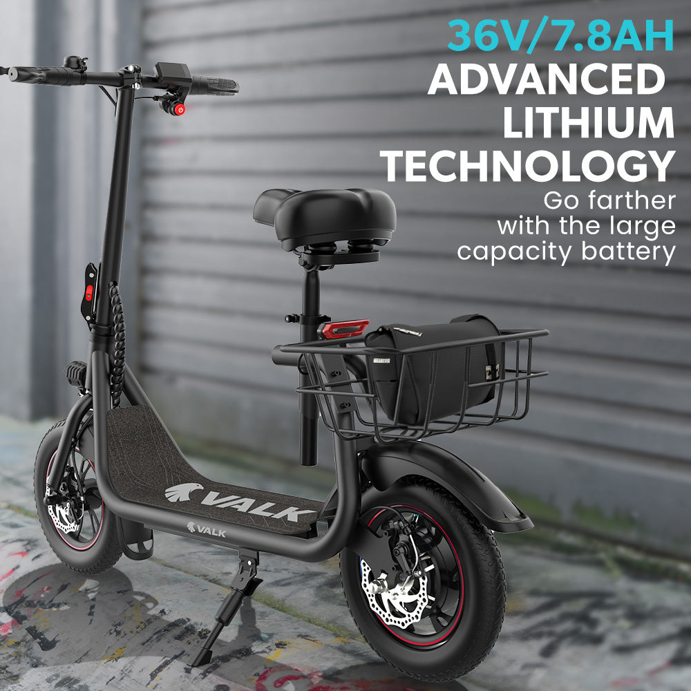 VALK Electric Scooter with Seat, Disc brakes, 12" Tyres, Motorised eScooter for Adults Teens Commuter